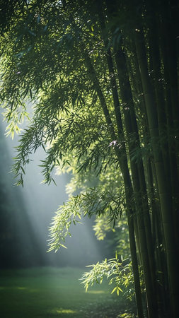 Sunlight streams through the dense green foliage of bamboo stalks and leaves, creating a misty and serene forest atmosphere.の素材