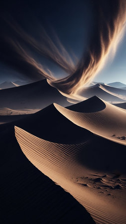 A dramatic sandstorm swirls above golden desert dunes, with wind-blown sand creating abstract patterns against a dark, moody sky.の素材