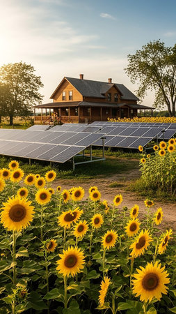 A vibrant field of sunflowers in full bloom in front of a rustic farmhouse, with rows of solar panels in the foreground.の素材