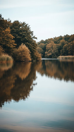 A tranquil lake perfectly reflects autumn trees and golden reeds under a soft, pale sky, creating a peaceful natural scene.の素材