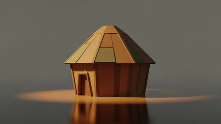 A stylized 3D rendered hut with geometric panels and a single doorway is illuminated by a spotlight, casting a soft shadow on a neutral background.の素材