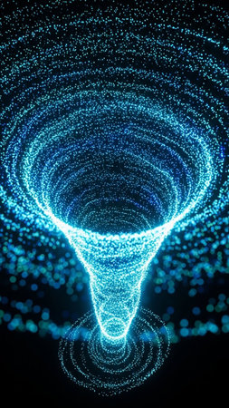 A dark background is filled with a swirling vortex of glowing blue particles creating a tunnel effect with concentric rings at the bottom.の素材