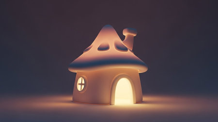 A charming, glowing mushroom-shaped house with a warm light spilling from its arched doorway and small round window.の素材
