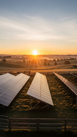 Rows of solar panels are angled towards the rising sun in a misty rural landscape with rolling hills and trees.の素材