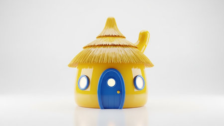 A whimsical, round yellow house with a blue door, straw thatched roof, and glowing windows, isolated on a white background.の素材