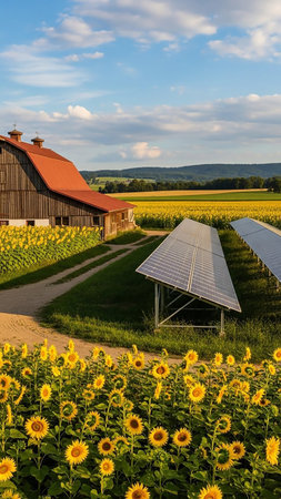 A wooden barn and solar panels are situated in a vibrant sunflower field under a bright blue sky with fluffy clouds.の素材