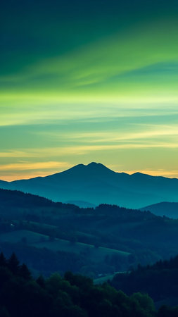 Layered mountain ranges are silhouetted against a dramatic sky painted with vibrant streaks of green, yellow, and blue at sunset.の素材