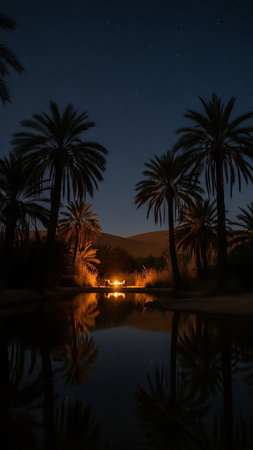 A tranquil desert oasis at night, featuring silhouetted palm trees, a glowing campfire, and a starry sky reflected in the still water.の素材