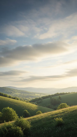 Rolling green hills and valleys are bathed in the warm light of golden hour under a sky with scattered clouds.の素材