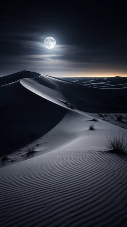Vast, dark desert sand dunes with rippling textures are illuminated by a bright full moon and scattered stars in the night sky.の素材