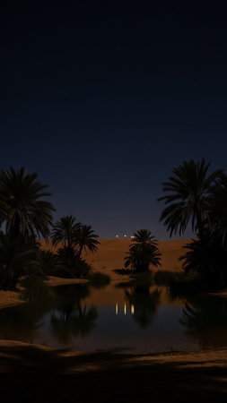 A desert oasis at night shows palm trees reflected in a calm body of water under a dark, star-filled sky.の素材