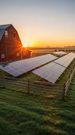 A rustic wooden barn and rows of solar panels are bathed in the warm glow of sunrise in a lush green grassy field with a wooden fence.の素材