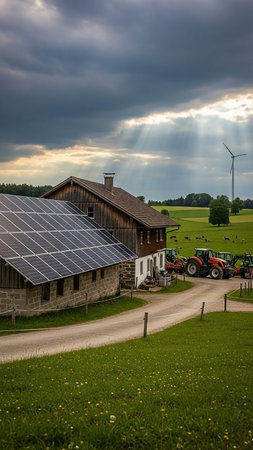 A rural farm scene with solar panels on a barn, tractors parked nearby, and a wind turbine in the distance under a dramatic, sun-dappled sky.の素材