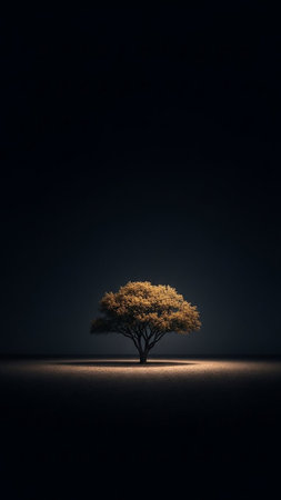 A single tree with golden foliage is dramatically lit by a spotlight in a completely dark and empty environment, creating a stark contrast.の素材