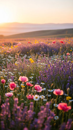 A vibrant field of diverse wildflowers, including poppies and lavender, bathed in the warm glow of a sunset over rolling hills.の素材