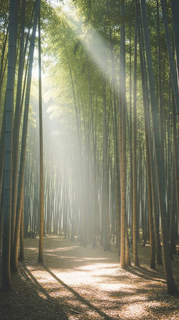 Sunbeams pierce through the dense canopy of a bamboo forest, illuminating a path covered in fallen leaves and casting long shadows.の素材
