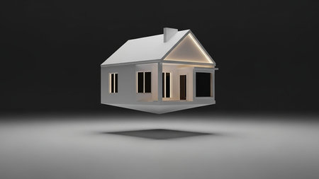 A white modern house is depicted levitating above a reflective surface, casting a shadow, with dramatic lighting highlighting its form.の素材