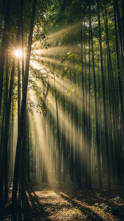 Golden sunbeams pierce through the dense green stalks of a bamboo forest, creating a tranquil and atmospheric scene.の素材