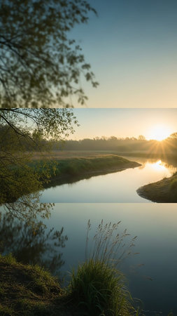 A tranquil river landscape at sunrise features golden sunbeams breaking through the mist, casting reflections on the calm water surrounded by lush green banks and trees.の素材