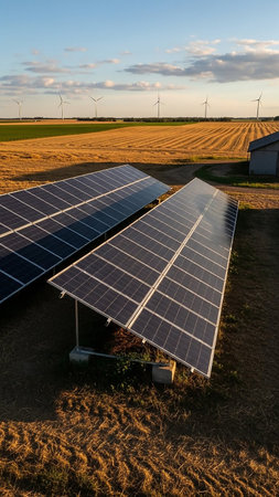 Rows of solar panels are angled towards the sun in a dry field, with wind turbines in the distance and a small barn on the right.の素材