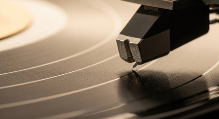 A record player stylus carefully traces the delicate grooves of a rotating vinyl disc, symbolizing retro audio equipment and the nostalgic experience of analog sound reproduction. This image captures the essence of vintage music playback.の素材