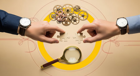 Two hands wearing wristwatches are shown meticulously connecting two puzzle pieces together. This visual metaphor represents teamwork collaboration business strategy problem solving and finding innovative solutions for complex challenges.の素材