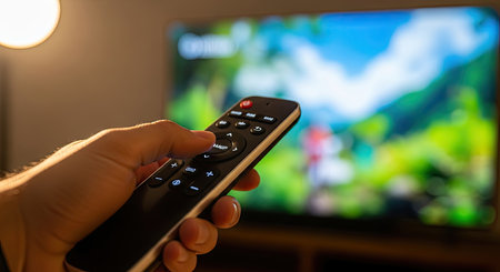 A human hand holds a sleek black remote control, pointing it towards a blurred television screen displaying vibrant entertainment. This image captures the essence of home leisure and modern media consumption in a comfortable evening environment.の素材