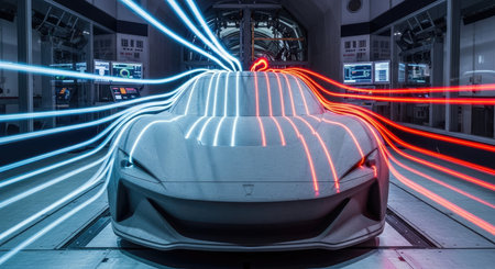 A futuristic car prototype is shown undergoing advanced aerodynamic analysis within a high-tech automotive design facility. Illuminated red and blue light trails visualize the airflow over its sleek body, representing cutting-edge engineering and vehicle development.の素材