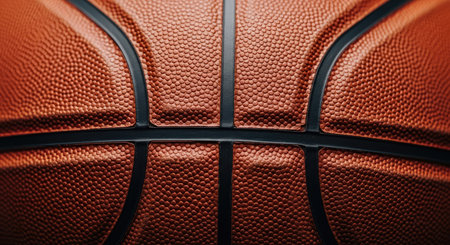 Close-up view of a basketball surface showing its orange pebbled texture and black lines. This image highlights the material and construction of the sports equipment, suitable for athletic backgrounds.の素材