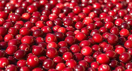 A vibrant close-up view of numerous fresh red cranberries floating in water during harvest. These tart and nutritious berries are a popular ingredient for juices sauces and holiday dishes offering health benefits.の素材