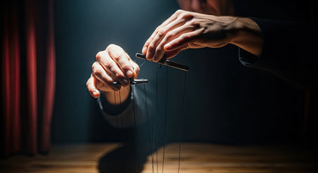 A puppeteer's hands expertly control a marionette with strings on a dimly lit stage. This powerful image represents concepts of manipulation influence and hidden control within various contexts.の素材