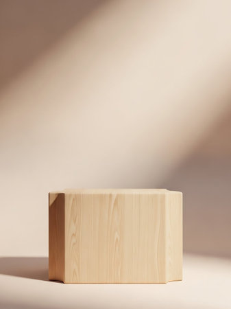 A minimalist wooden block pedestal with soft natural light casting shadows on a neutral background, ideal for product display.の素材