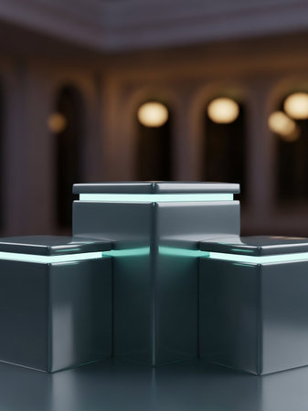 A minimalist dark gray podium with glowing teal neon accents stands in a softly lit interior with blurred background lights.の素材