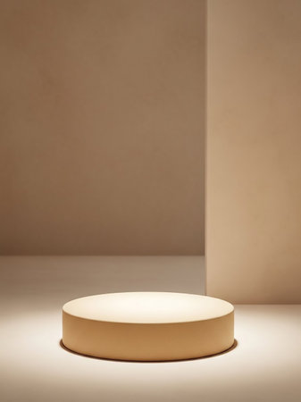 A minimalist beige cylindrical podium is illuminated by soft light, casting subtle shadows on a clean, neutral surface.の素材