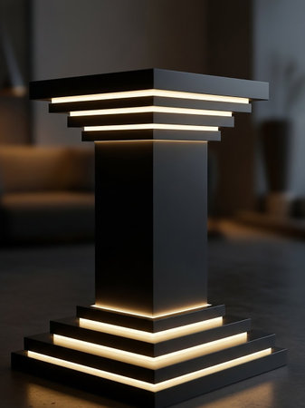 A dark, geometric pedestal with multiple illuminated layers and a tiered top, set against a blurred interior background.の素材
