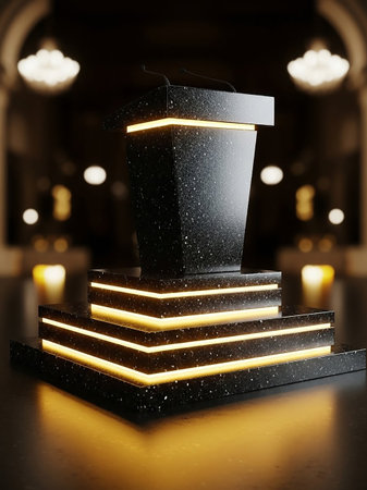 A modern black speckled podium with illuminated golden light strips on a tiered base, set against a softly lit, elegant background.の素材