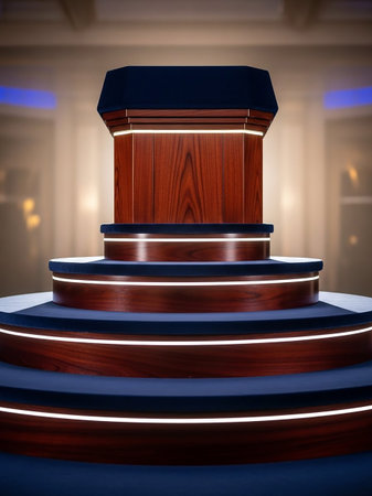 A modern, multi-tiered podium made of wood and blue fabric features integrated LED strip lighting on its circular levels.の素材