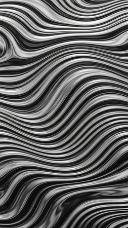 An abstract background with metallic wavy lines in silver and black tones, creating a fluid and reflective texture.の素材