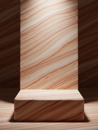 A minimalist display stand and backdrop with a warm wood grain texture, illuminated by dramatic spotlighting.の素材