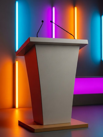 A plain podium stands center frame with microphones, set against a wall illuminated by vertical neon lights in blue, purple, and orange hues.の素材