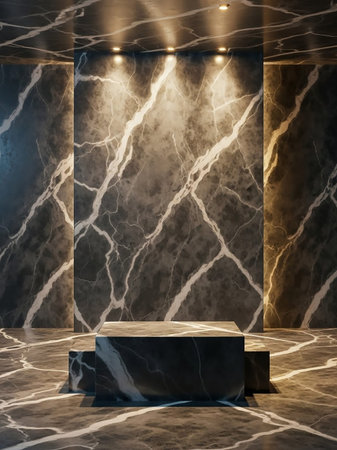 A modern display pedestal made of dark marble stands in a room with matching marble walls and floor, illuminated by spotlights from above.の素材