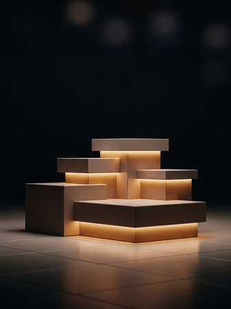 A minimalist geometric display pedestal with soft, warm ambient lighting against a dark, out-of-focus background.の素材