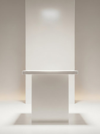 A minimalist white podium with a shelf is illuminated by soft light, casting subtle shadows on a clean white surface.の素材