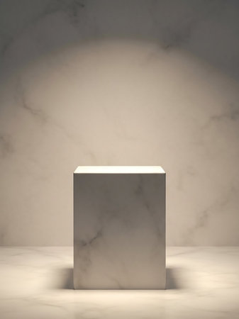 A minimalist marble cube pedestal is centered and illuminated by a warm spotlight against a marble background.の素材