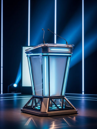 A modern lectern with integrated blue neon lighting and two microphones stands on a dark stage with vertical light beams.の素材