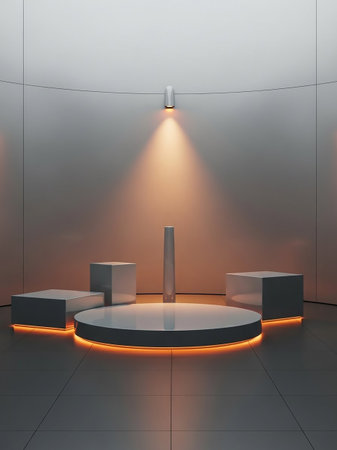 A minimalist display stage with geometric pedestals and a central round platform illuminated by warm orange uplighting and a focused spotlight.の素材