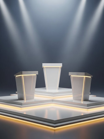 Three minimalist white podiums of varying heights are arranged on a multi-level geometric stage, illuminated by dramatic spotlights from above against a dark gray background.の素材