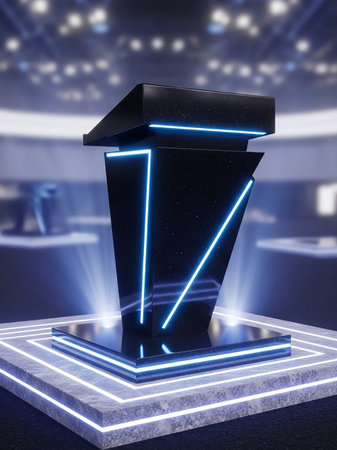 A sleek, modern black podium with vibrant blue neon lighting and radiating light beams, set on a textured platform in a spotlighted environment.の素材