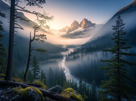 A breathtaking mountain valley at sunrise, with a winding river flowing through a misty pine forest, leading towards snow-capped peaks.の素材
