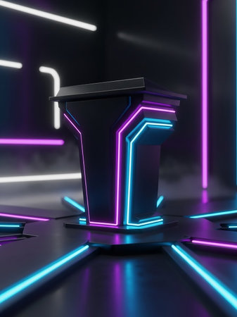 A sleek, modern podium illuminated by vibrant neon blue and pink lights against a dark, smoky background.の素材
